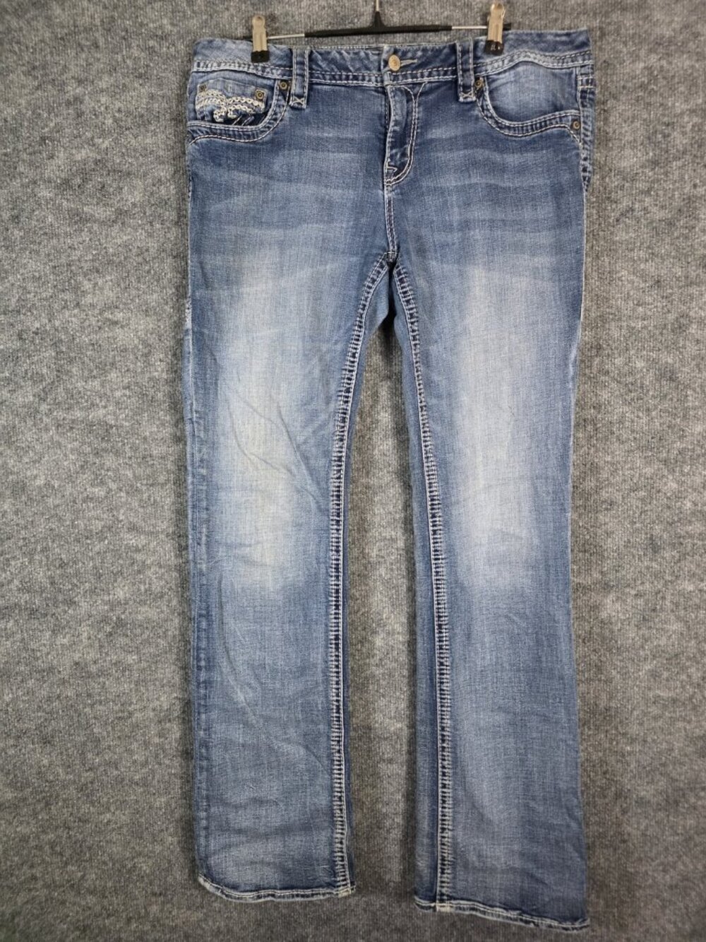 Rock Revival Julee Boot Jeans Womens 33 Blue Bootcut Stretch Embroidered Stains